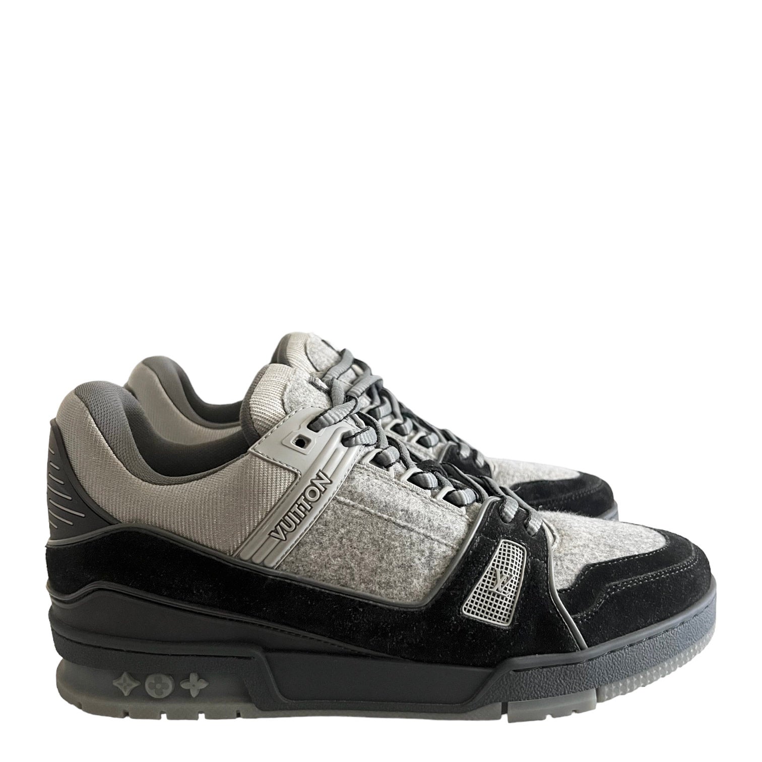 AW 2019 LOUIS VUITTON GREY / BLACK FLANNEL + CALF LEATHER TRAINERS SIZE 8.5  [FITS US 9.5-10]